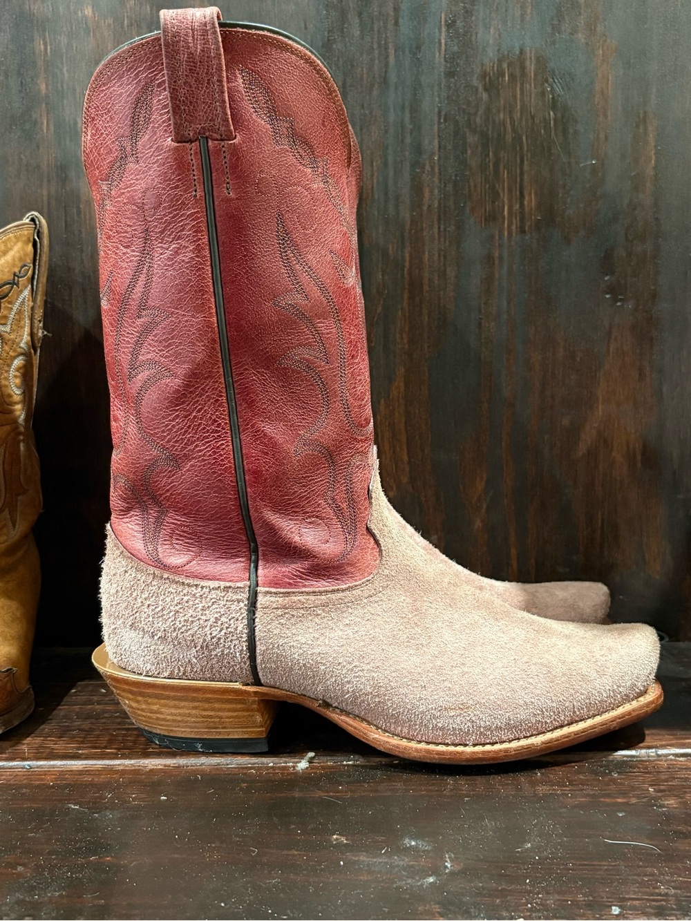 Men's Two-Tone Suede & Leather Cowboy Boots - Red and Tan